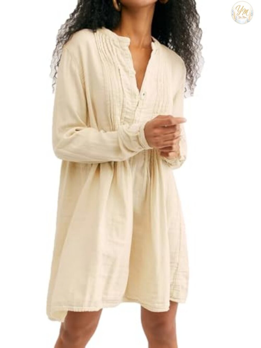 Cotton Button Up Henley Mini Tunic Shirt Dress Loose Fit Long Sleeve